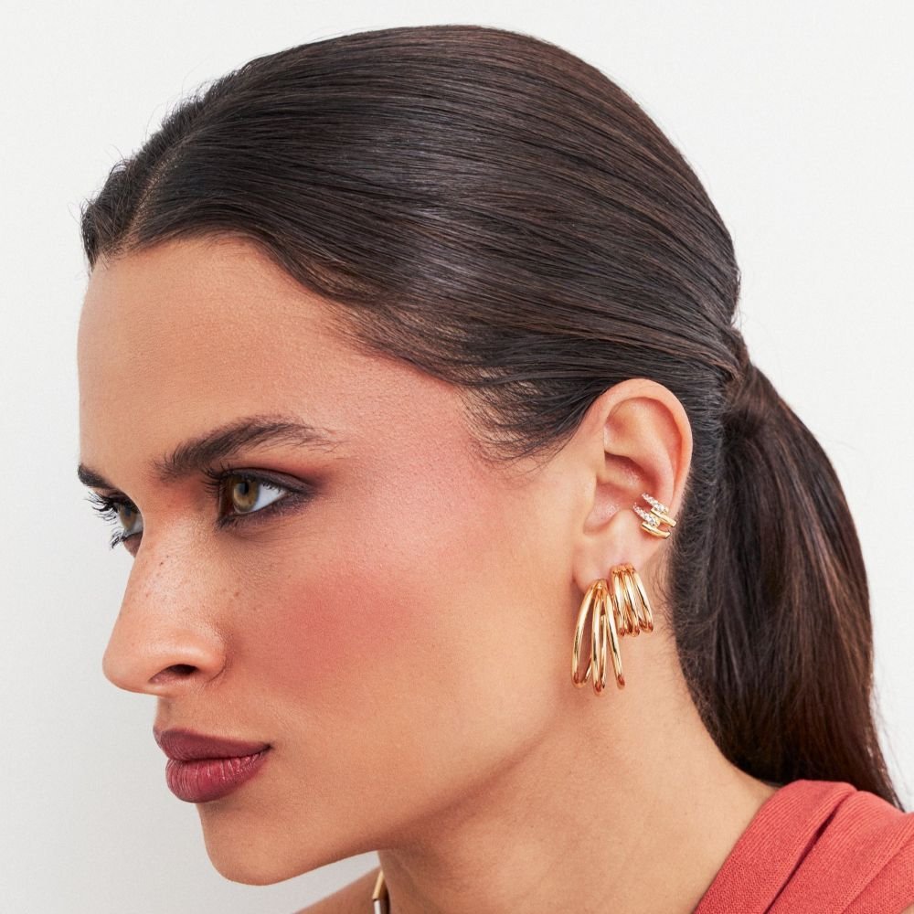 Brinco Argola Tripla P Dourado Semijoia Banhado a Ouro 18K Ania Store Dourado 3