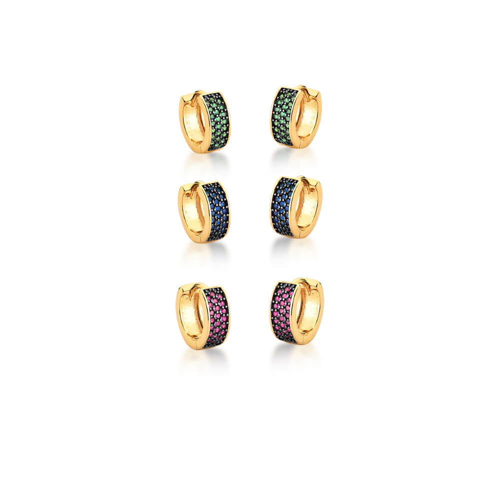 Trio Brinco Argola Cravejadas com Zircônias Coloridas Semijoia Banhada a Ródia Ania Store Dourado 1