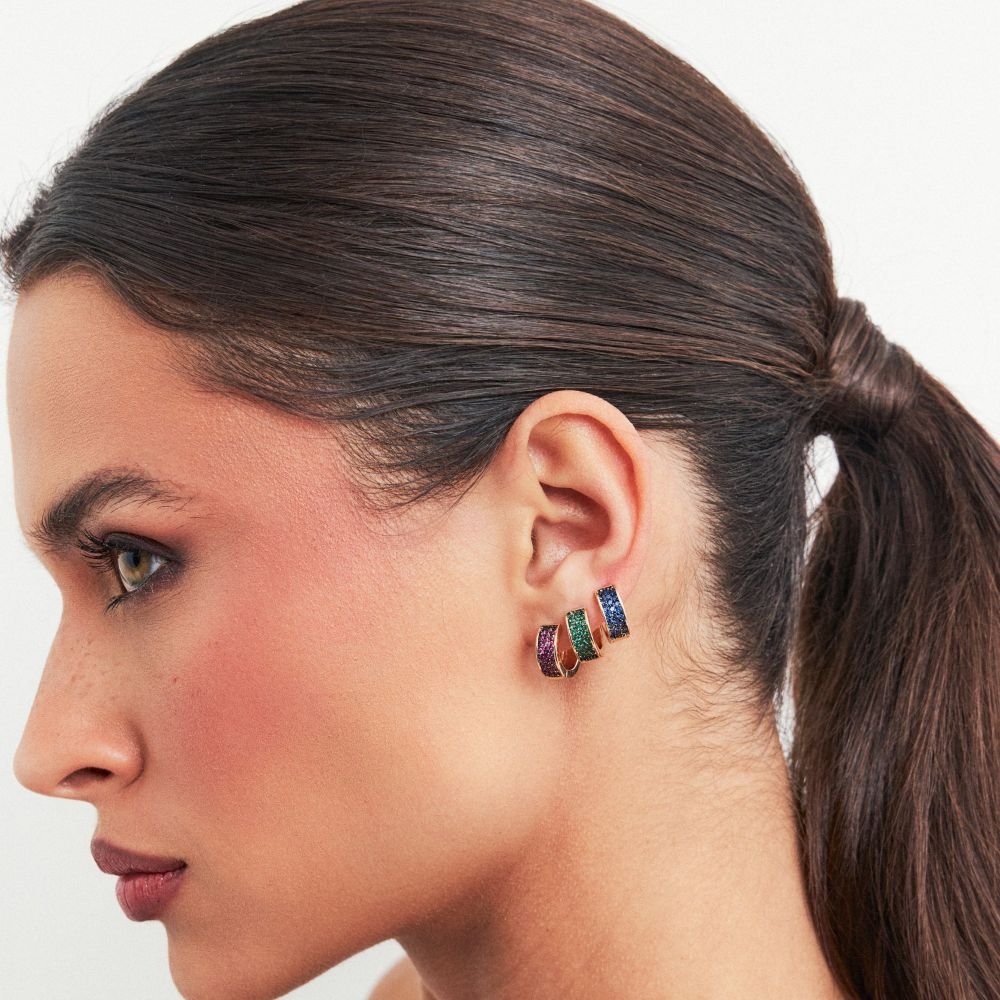 Trio Brinco Argola Cravejadas com Zircônias Coloridas Semijoia Banhada a Ródia Ania Store Dourado 2