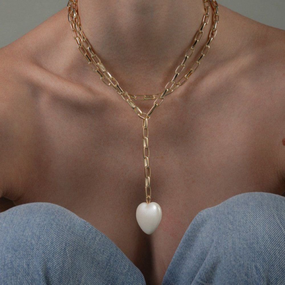 Colar Elos com Pingente de Coração Pérola Semijoia Banhado a Ouro Ania Store