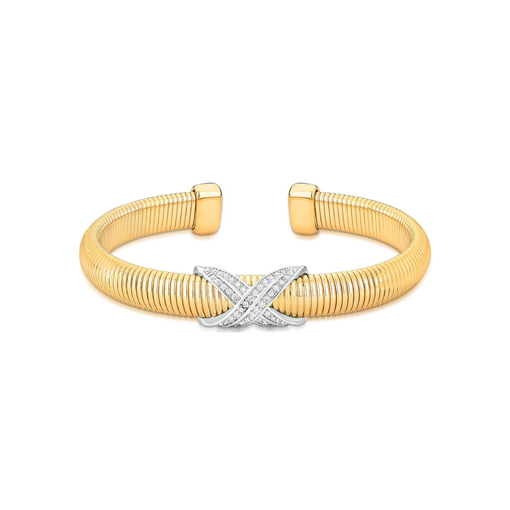 Bracelete em Aço Maleável com Pingente X Cravejado Banhado a Ouro 18K Semijoia Ania Store Dourado 1