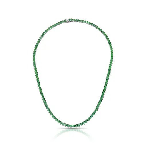 Colar Riviera 3Pontas Cor Esmeralda Semijoia Banhado a Ródio Branco Ania Store