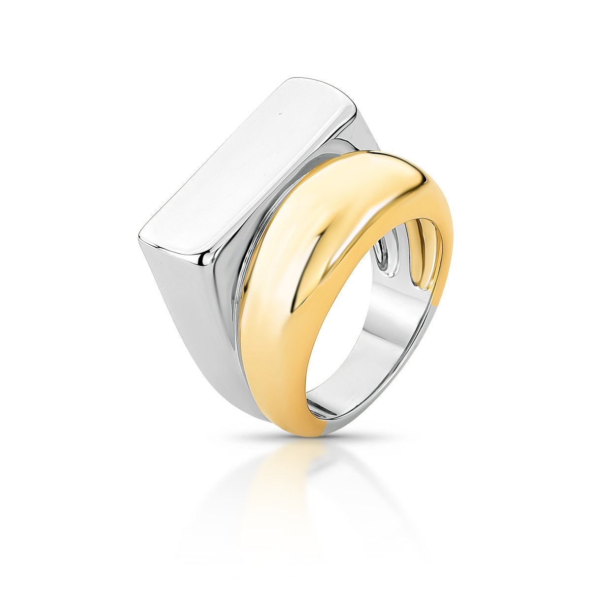 Anel Duplo Dois Banhos Aro Circular e Quadrado Semijoia Banhada a Ródio e Ouro 18K Ania Store