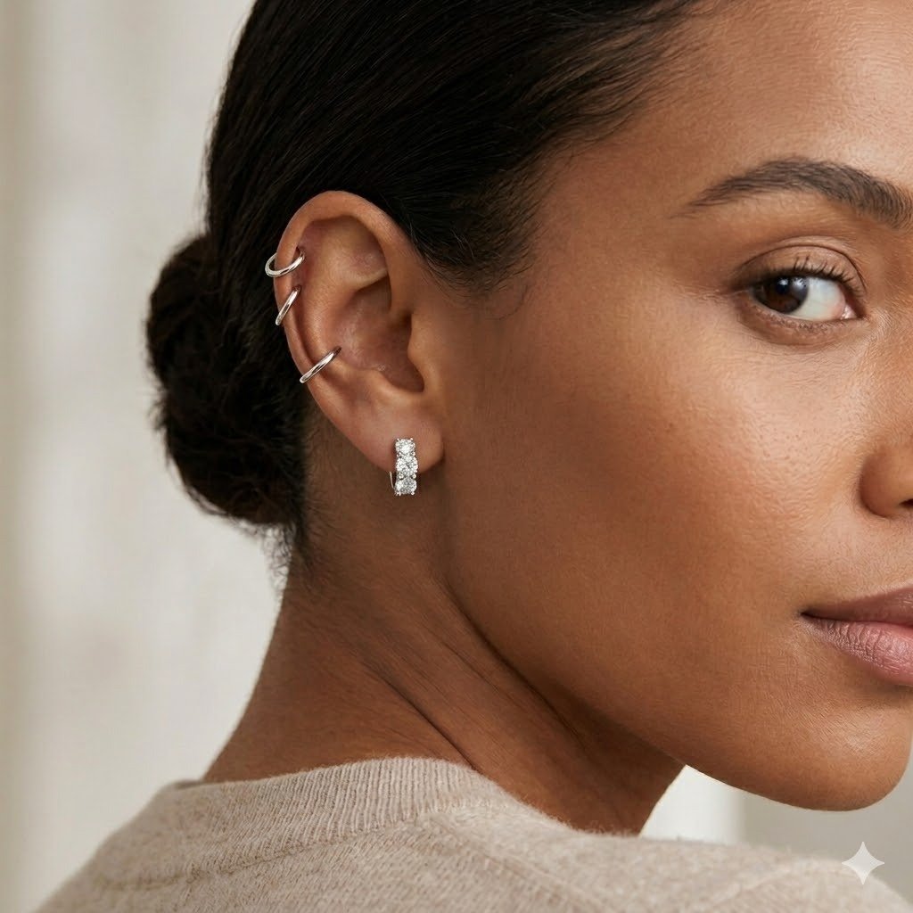 Brinco Argola Pequeno em Prata com Pedra Moissanite 5MM Semijoia Ania Store Prata 2