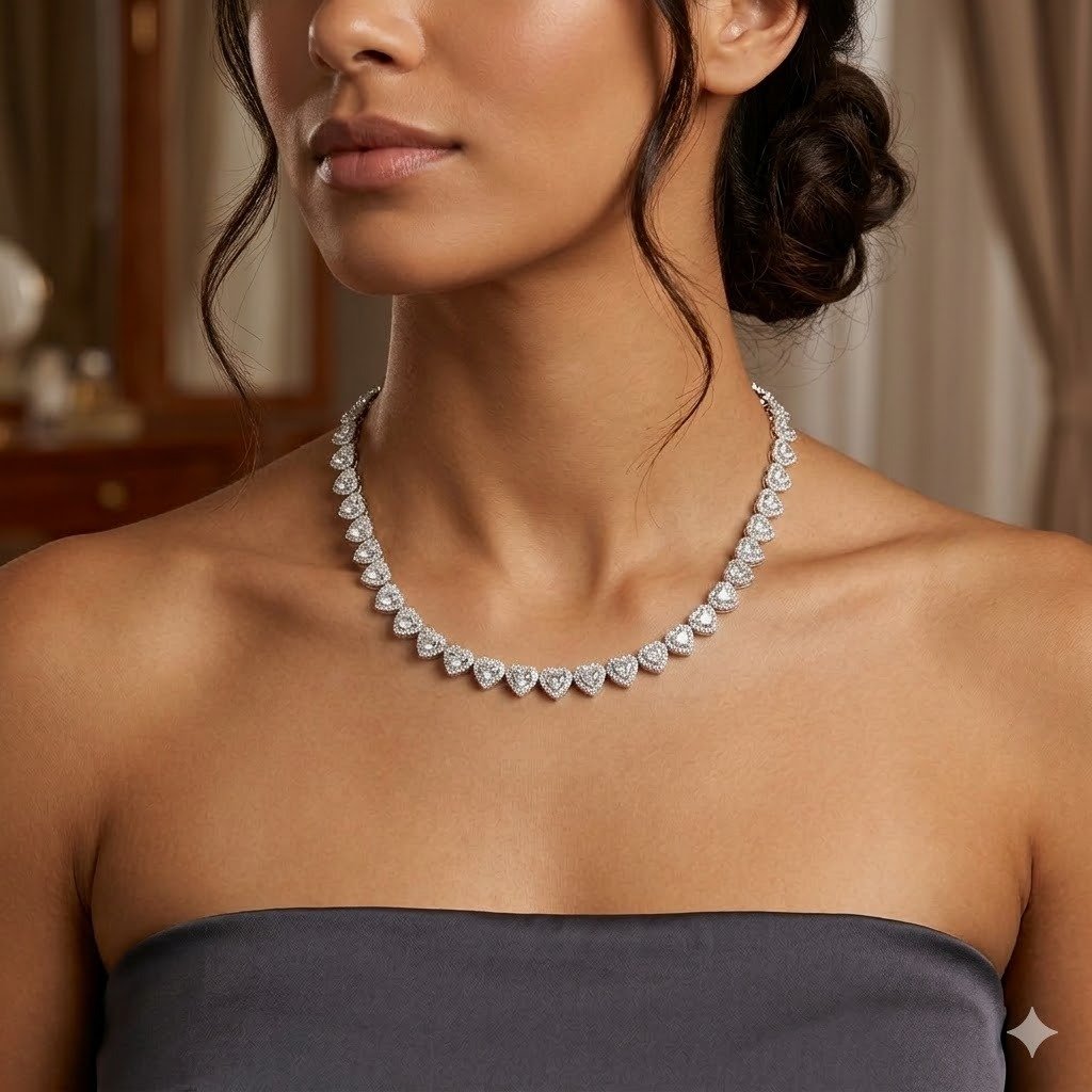 Colar Riviera Corações com Cristais e Mini Zircônias Semijoia Banhada a Ródio Ania Store Prata 2