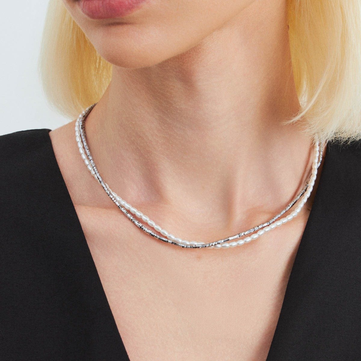 Colar Duplo em Prata Canutilho e Pérola Pipoca Semijoia Ania Store Prata 2