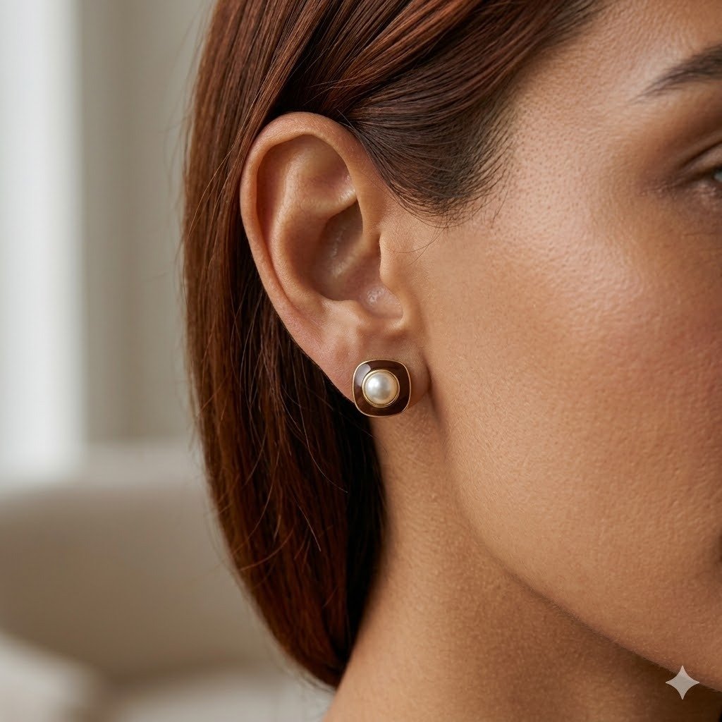 Brinco Quadrado Esmaltado PP Marrom com Pérola Semijoia Banhada a Ouro 18K Ania Store Dourado 2