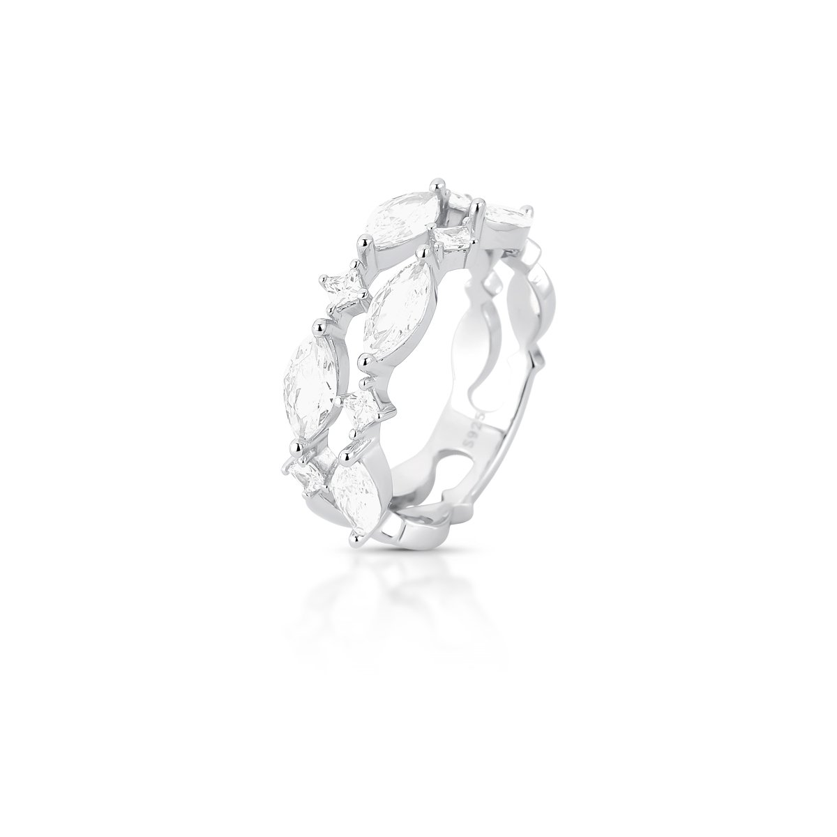 Anel em Prata Aro Duplo com Cristais de Zircônia Navete Semijoia Ania Store