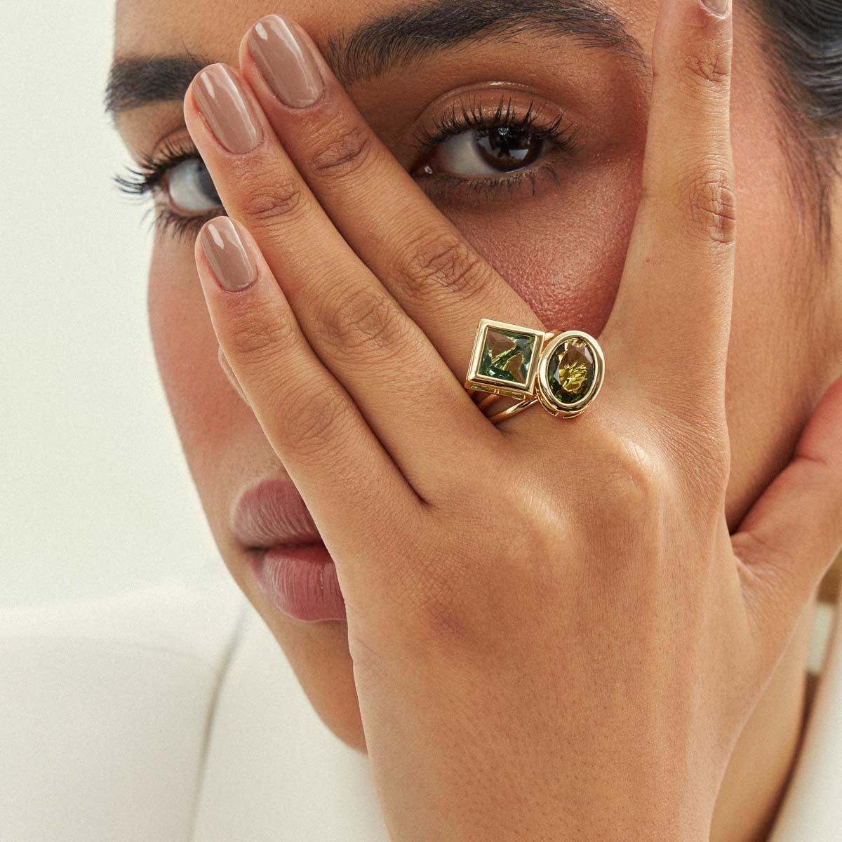 Anel Cristal Verde e Água Marinha Geométricos Semijoia Banhada a Ouro 18K Ania Store Dourado 2