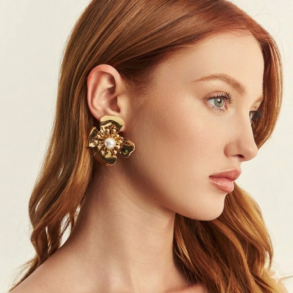 Brinco Flor G com Miolo Pérola Semijoia Banhada a Ouro 18K Ania Store Dourado 2