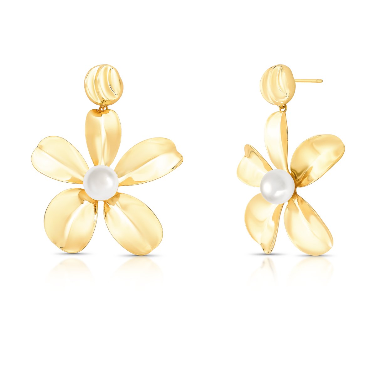 Brinco Pendente Flor G com Miolo Pérola Semijoia Banhada a Ouro 18K Ania Store