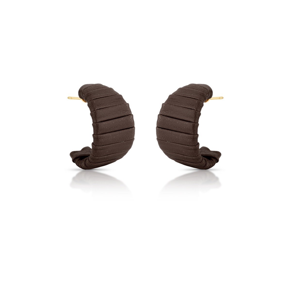 Brinco Argola Marrom em Courino Franzido e Banhado a Ouro 18k Semijoia Ania Store