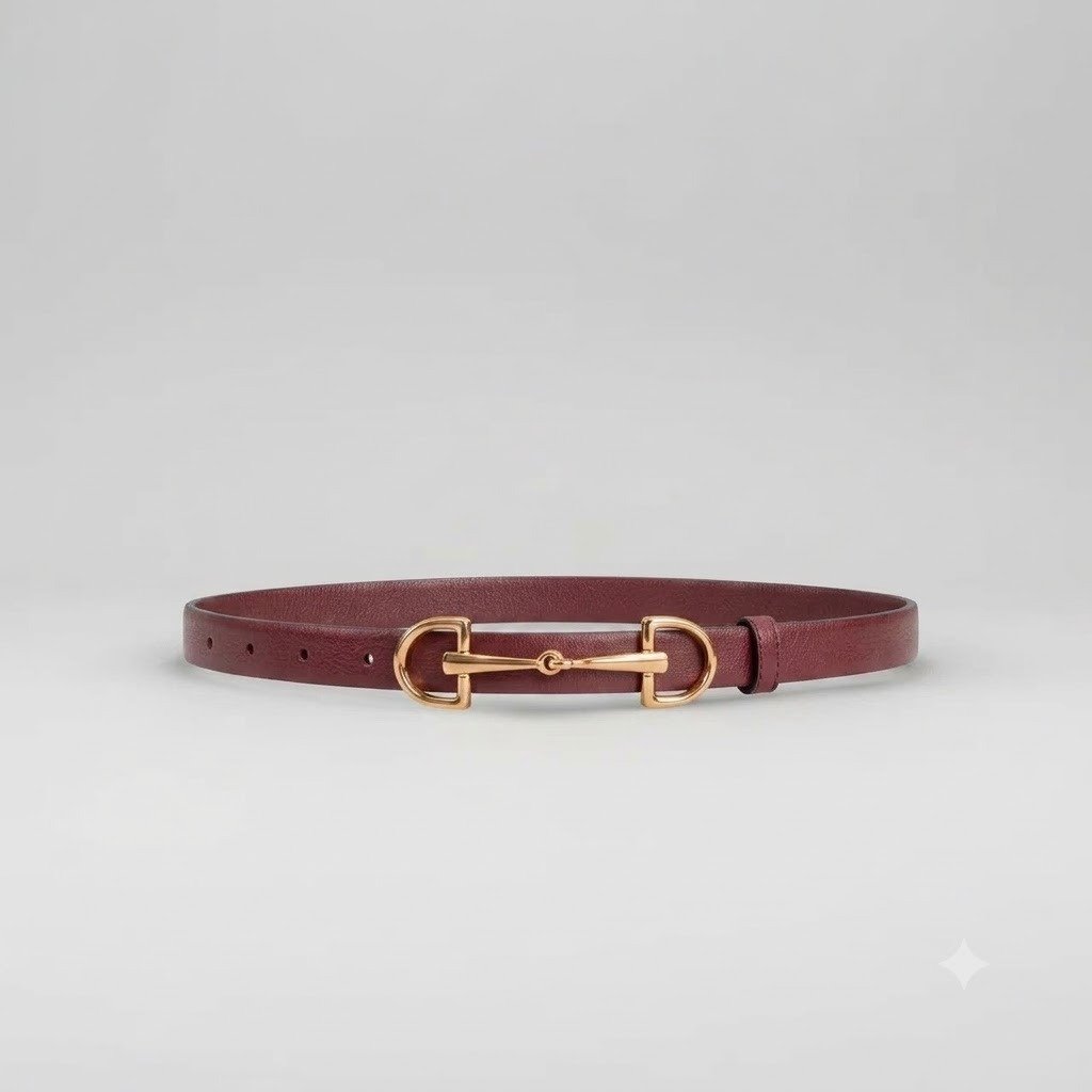 Cinto Feminino Slim em Couro Legítimo Vermelho com Fivela Estribo Banhada a Ouro Ania Store