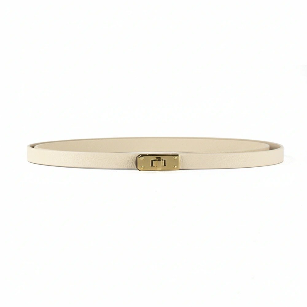Cinto Feminino Fino Couro Legítimo Off-White Croco com Fivela Dourada Turn-Lock   Banhada a Ouro Ania Store