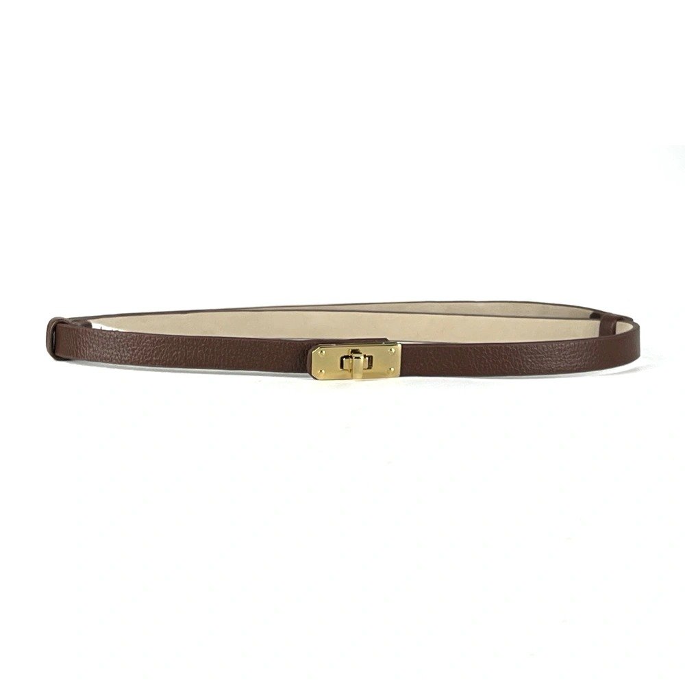 Cinto Feminino Fino Couro Legítimo Marrom com Fivela Dourada Turn-Lock   Banhada a Ouro Ania Store