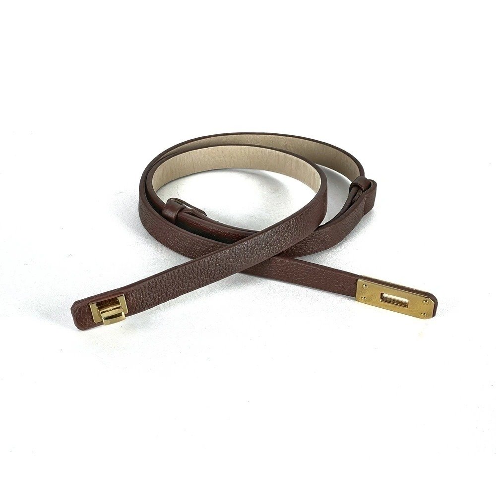 Cinto Feminino Fino Couro Legítimo Marrom com Fivela Dourada Turn-Lock Banhada a Ouro Ania Store Marrom 2