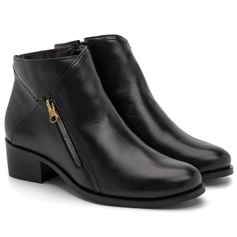 Bota Feminina Couro Cano Curto Zíper Bico Redondo Casual Preto