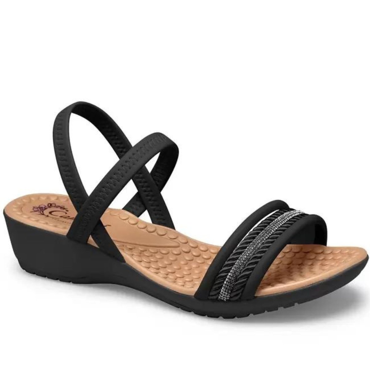 Sandália Campesi Comfort Salto Baixo Strass Feminina Preta