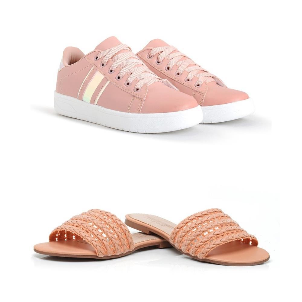 Tênis Feminino Casual + Sandália Rasteira Confortável Kit 2 Rosa