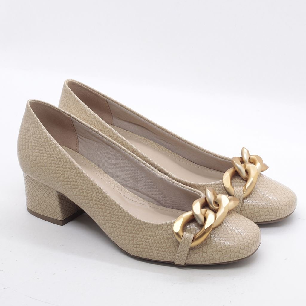 Scarpin Salto Bloco Corrente Bege 4