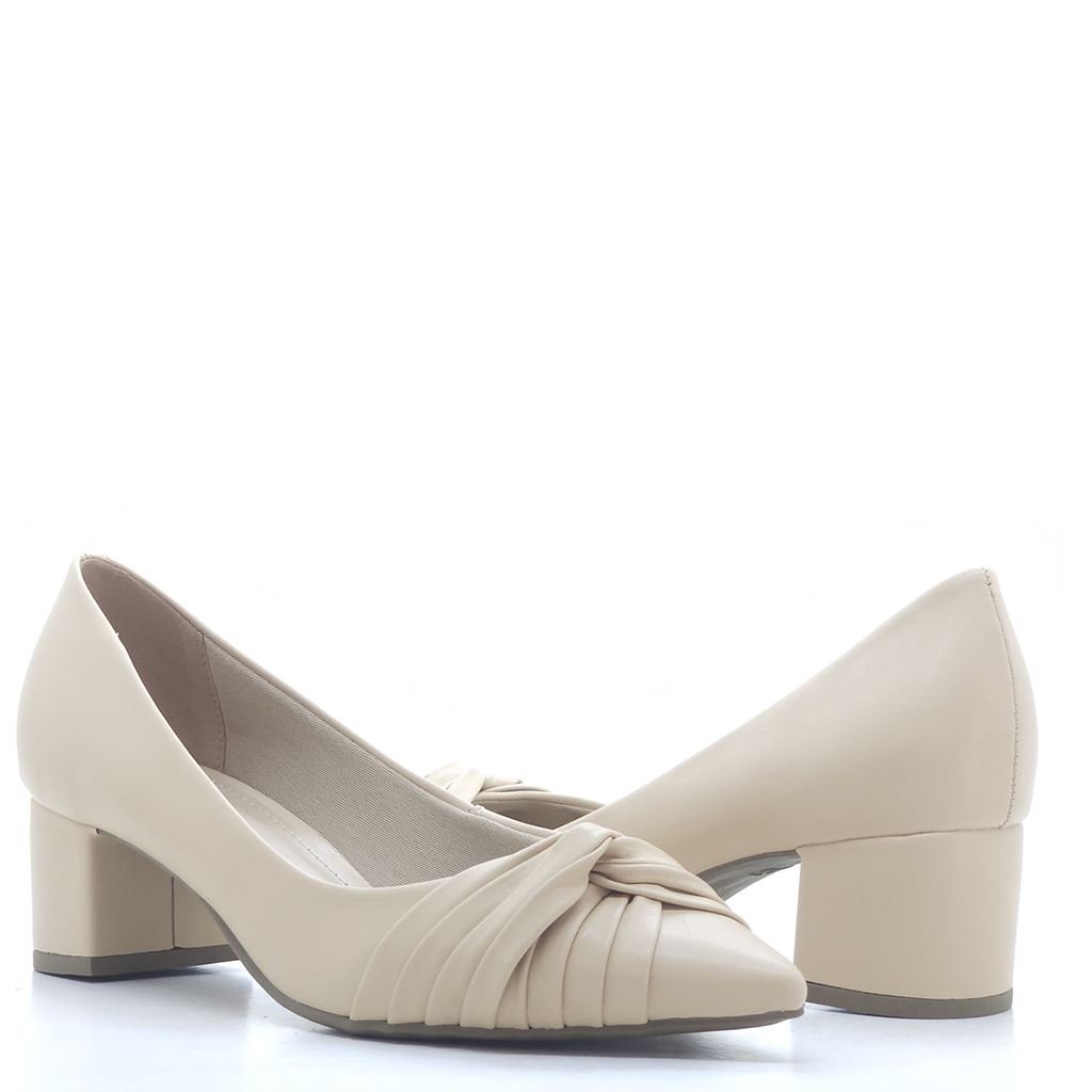 Scarpin Salto Bloco Bico Fino Bege 3