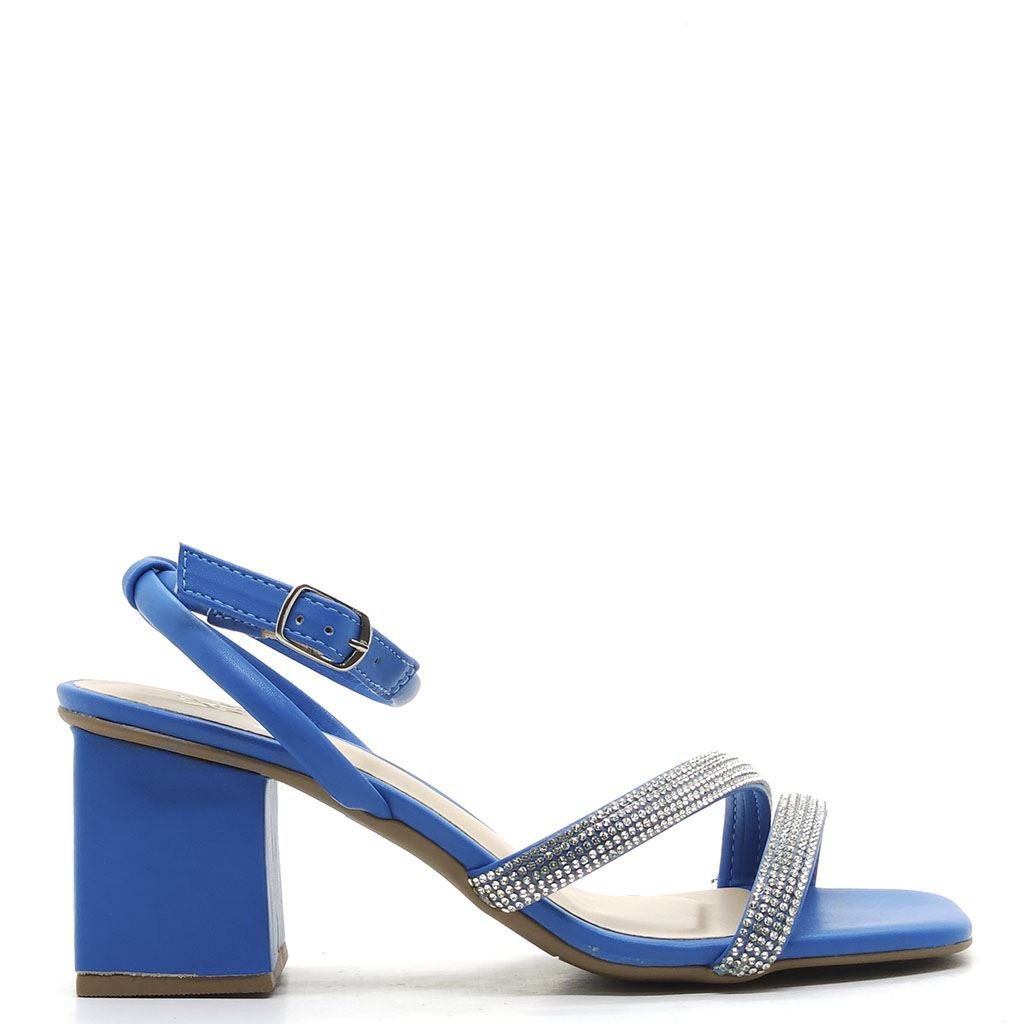 Sandália Salto Bloco Detalhe Brilho Azul 2