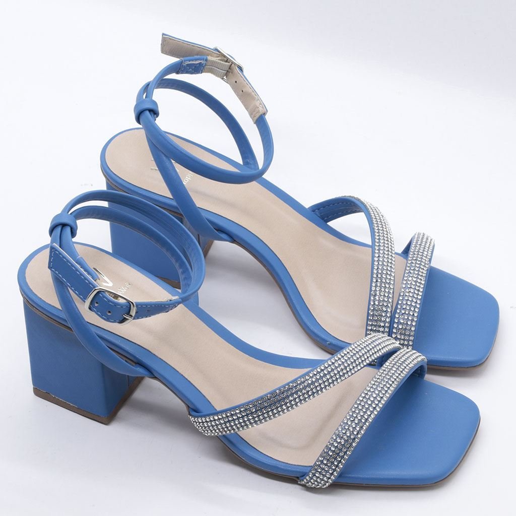 Sandália Salto Bloco Detalhe Brilho Azul 4