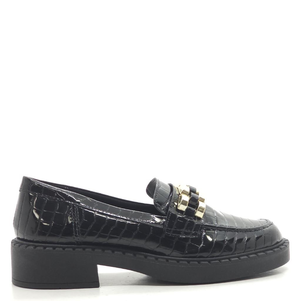 Mocassim Salto Bloco Corrente Preto 2