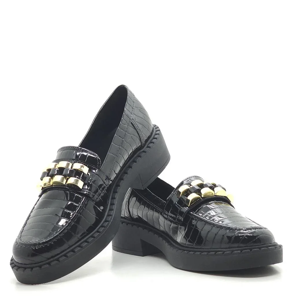 Mocassim Salto Bloco Corrente Preto 3