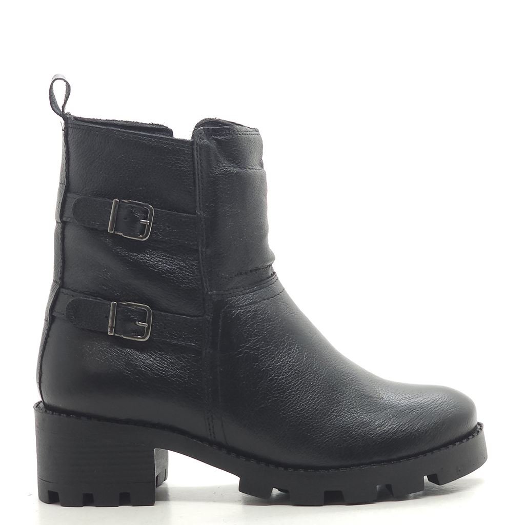 Bota Cano Baixo Couro Fivelas Preto 2