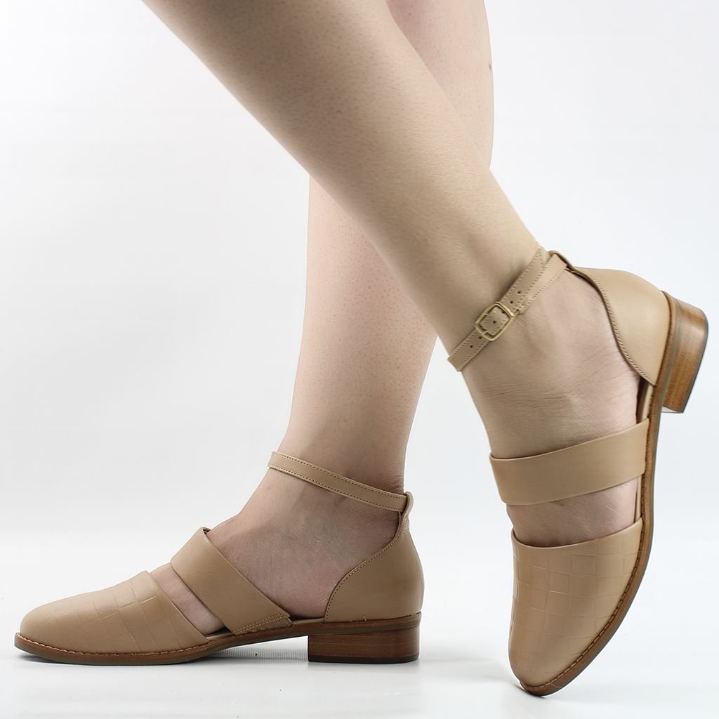 Sapato Boneca Salto Bloco Couro Bege