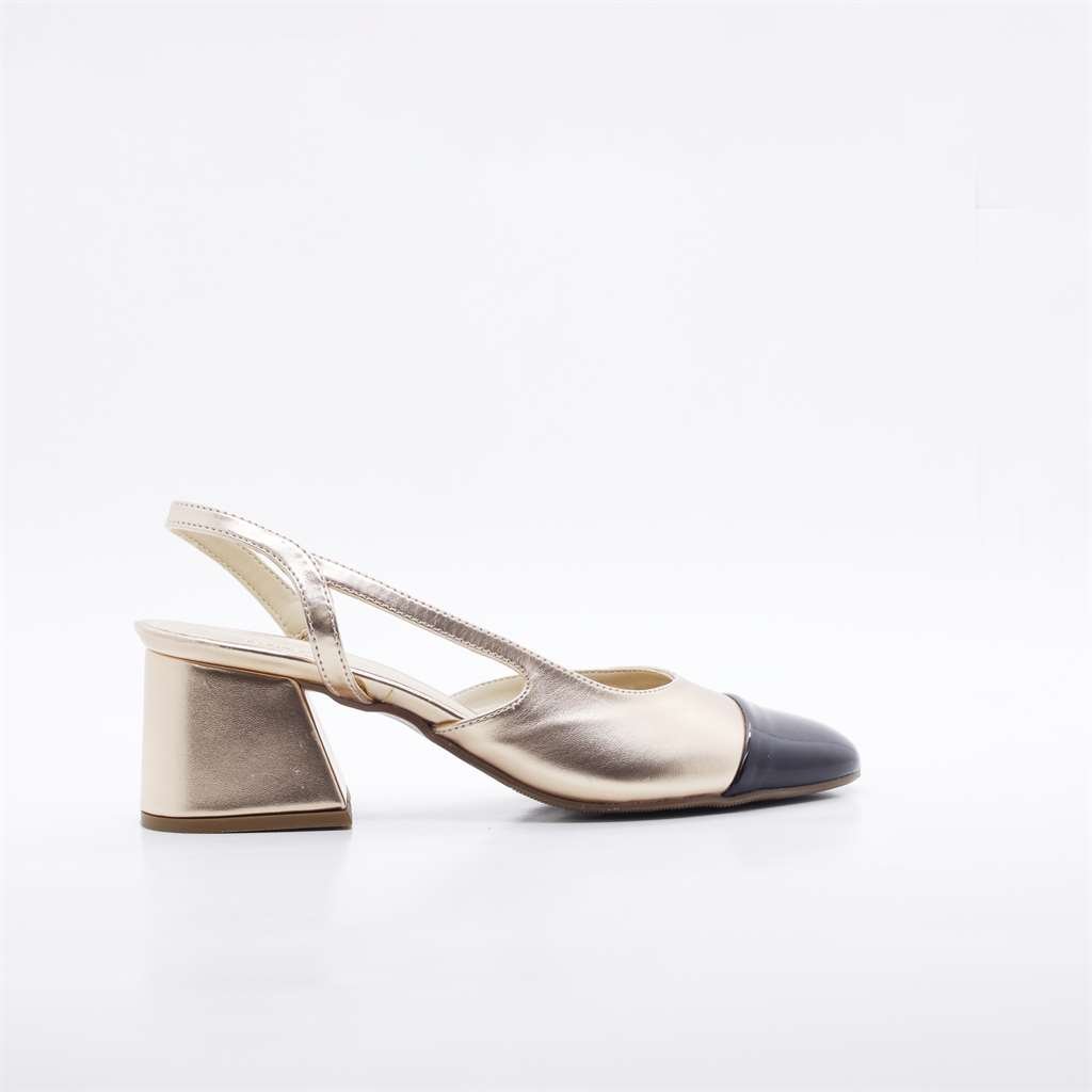 Sandália Salto Bloco Slingback Dourado/Preto 2