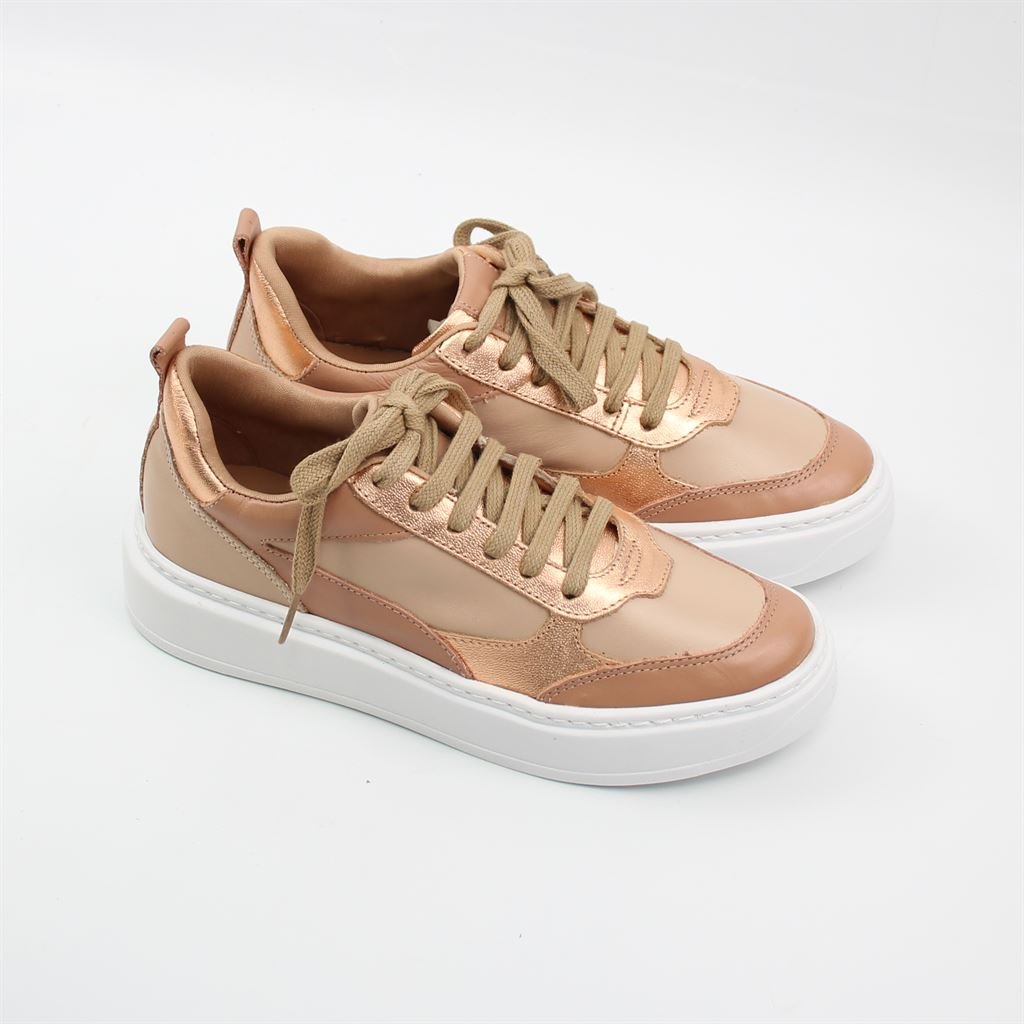 Tênis Flatform Couro Amarração Bege 2
