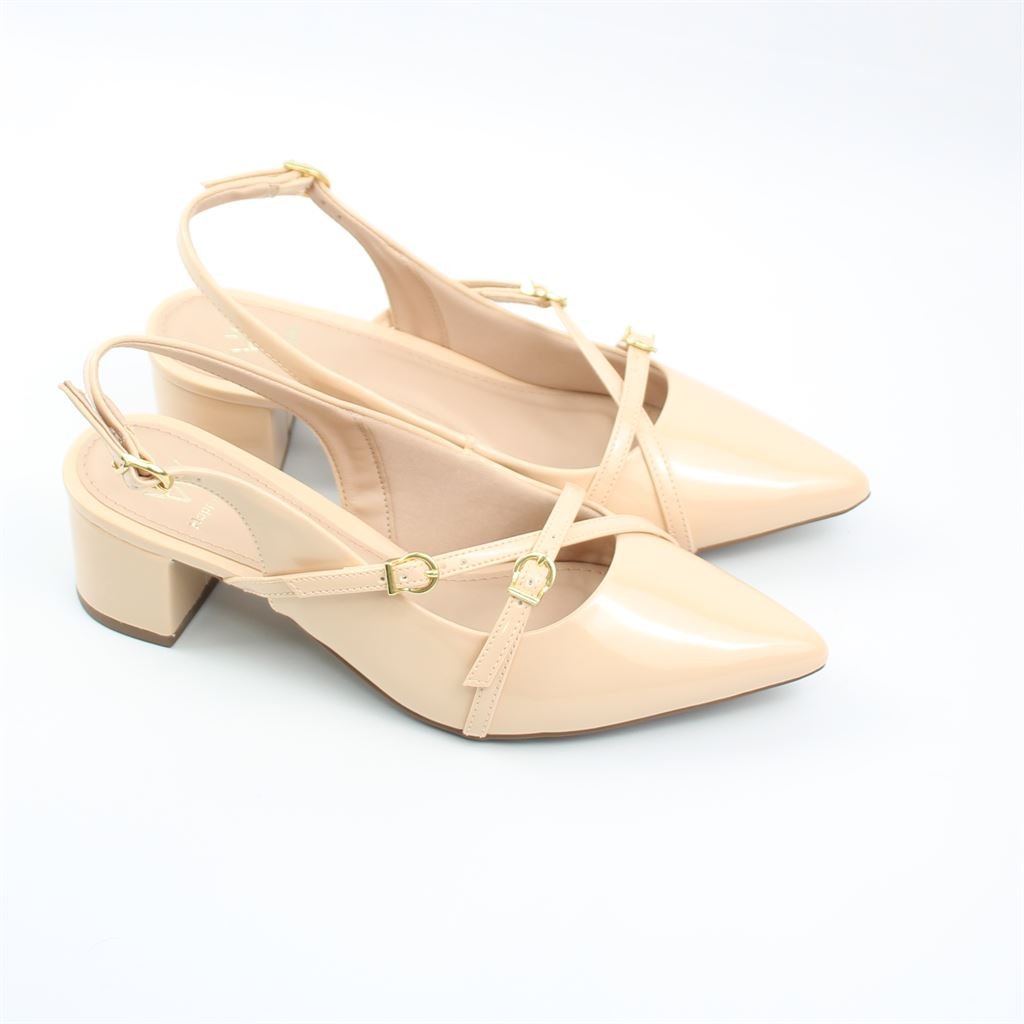 Scarpin Salto Bloco Fivela Verniz Bege 2
