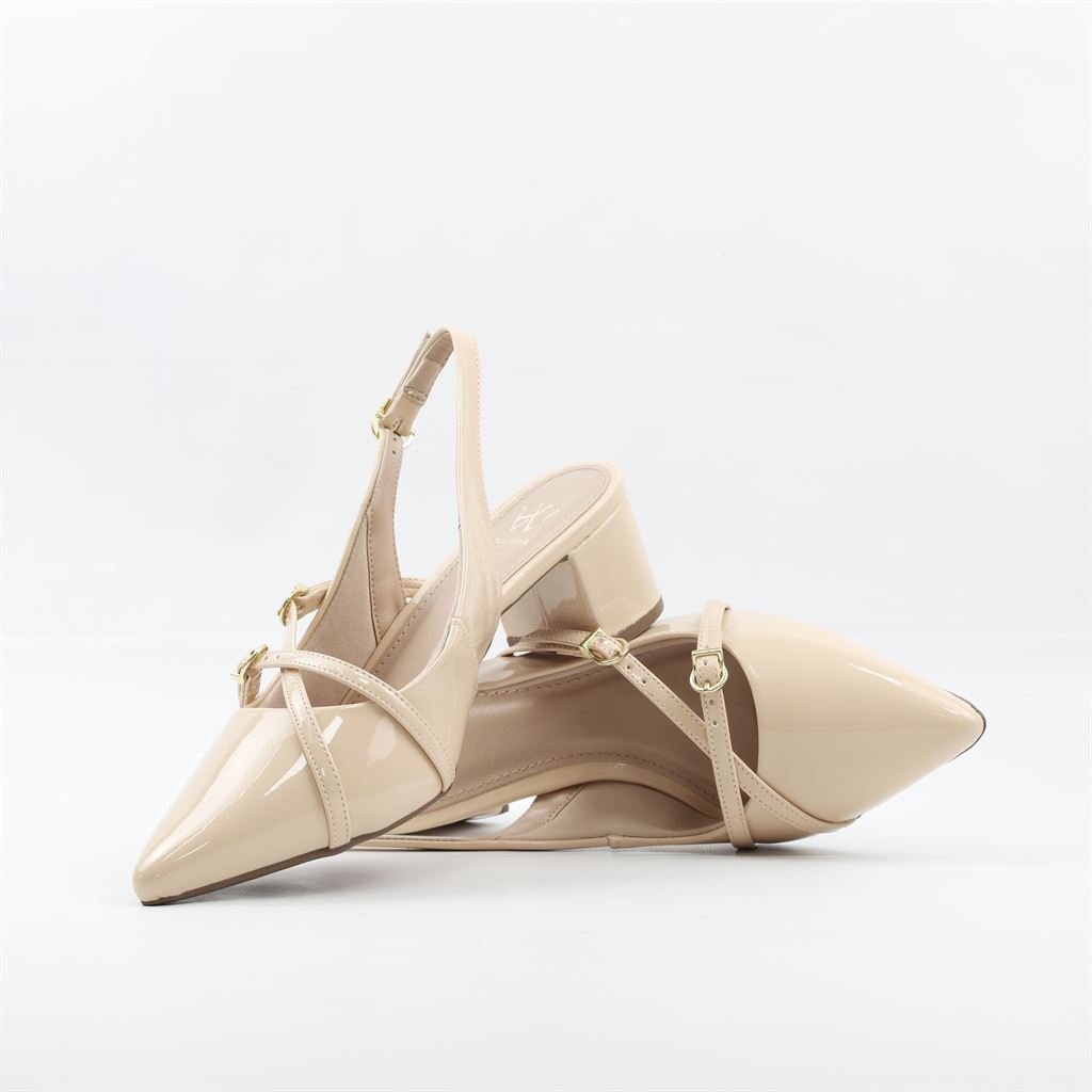 Scarpin Salto Bloco Fivela Verniz Bege 4
