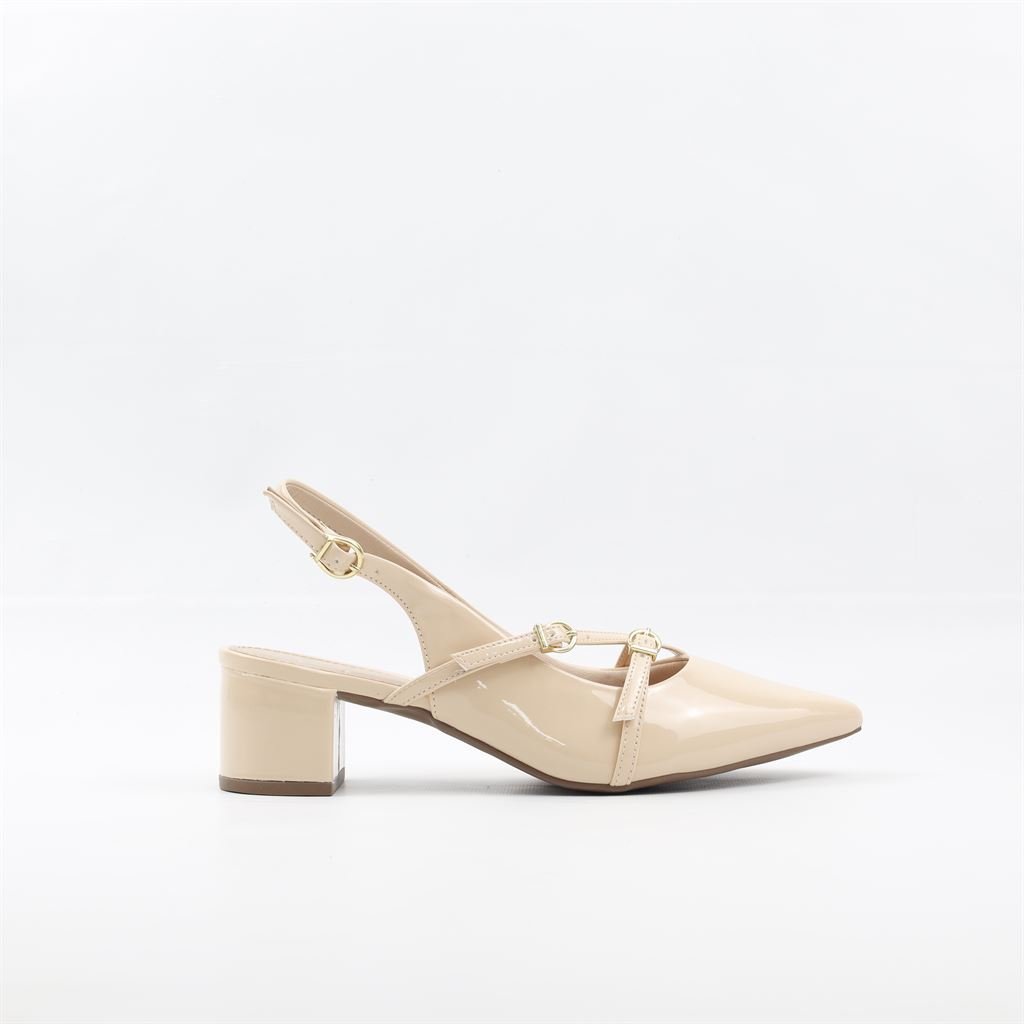 Scarpin Salto Bloco Fivela Verniz Bege 5