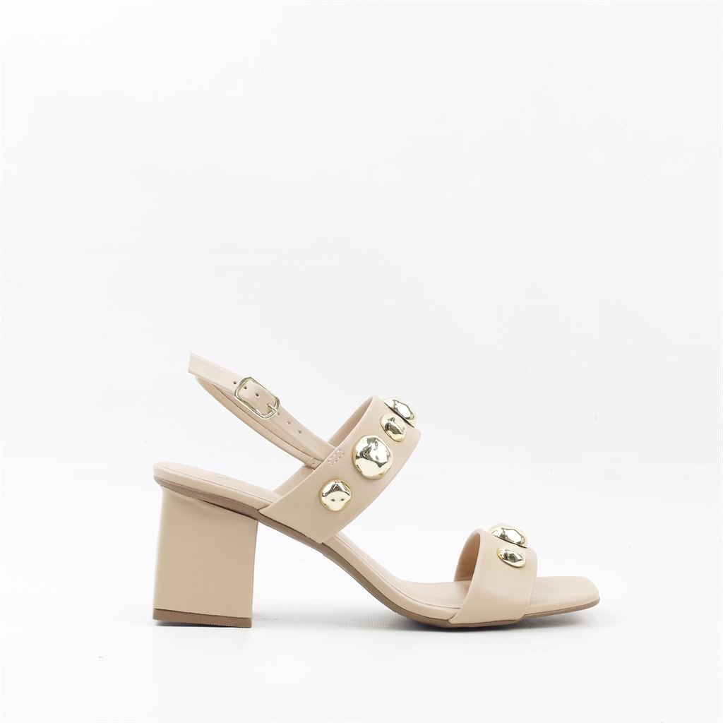 Sandália Salto Bloco Detalhe Metal Bege 5