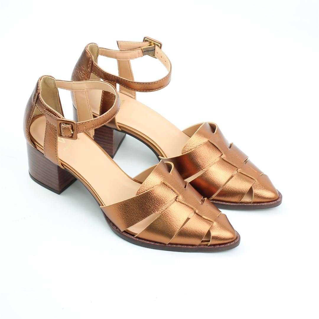 Sandália Salto Bloco Metalizado Couro Bronze 2