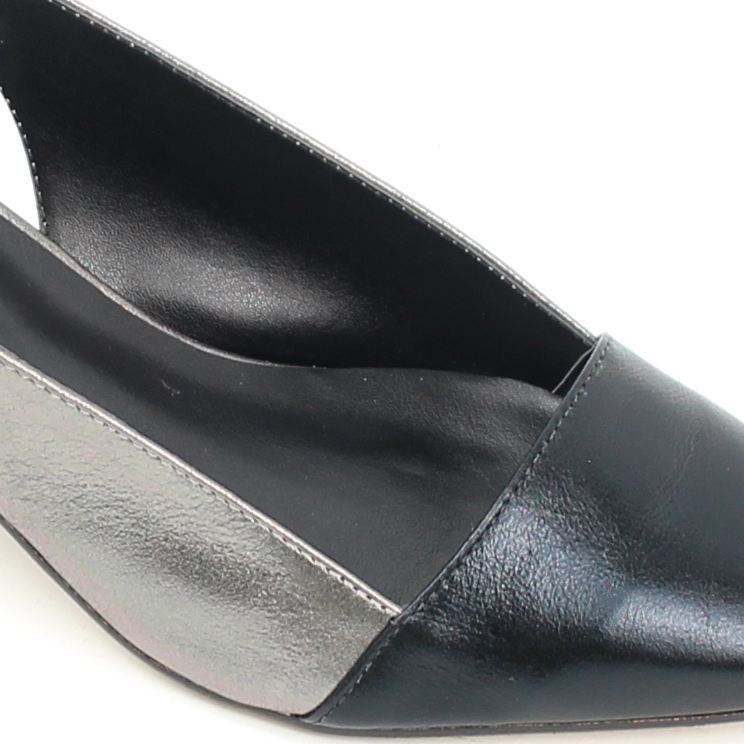 Scarpin Salto Bloco Slingback Couro Preto/Prata 2
