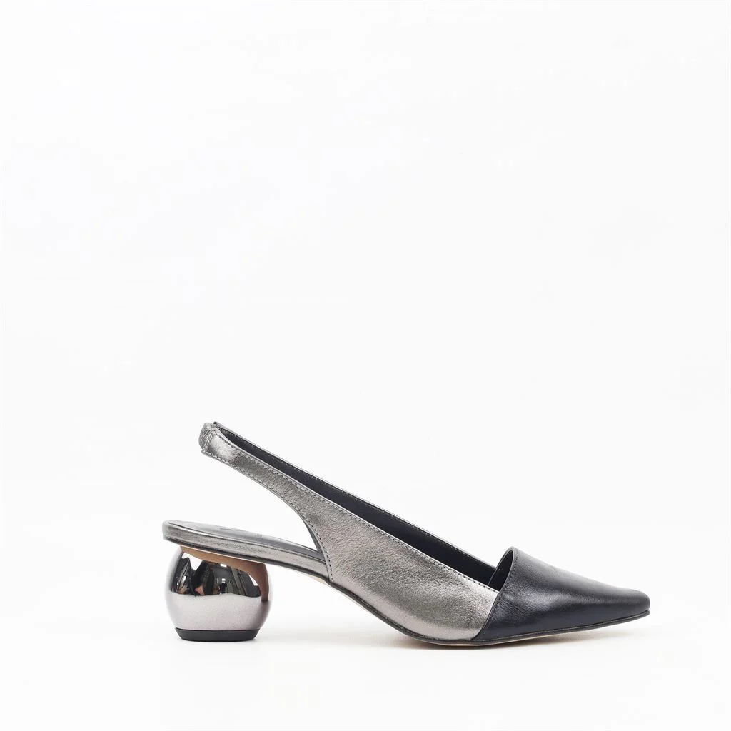 Scarpin Salto Bloco Slingback Couro Preto/Prata 4