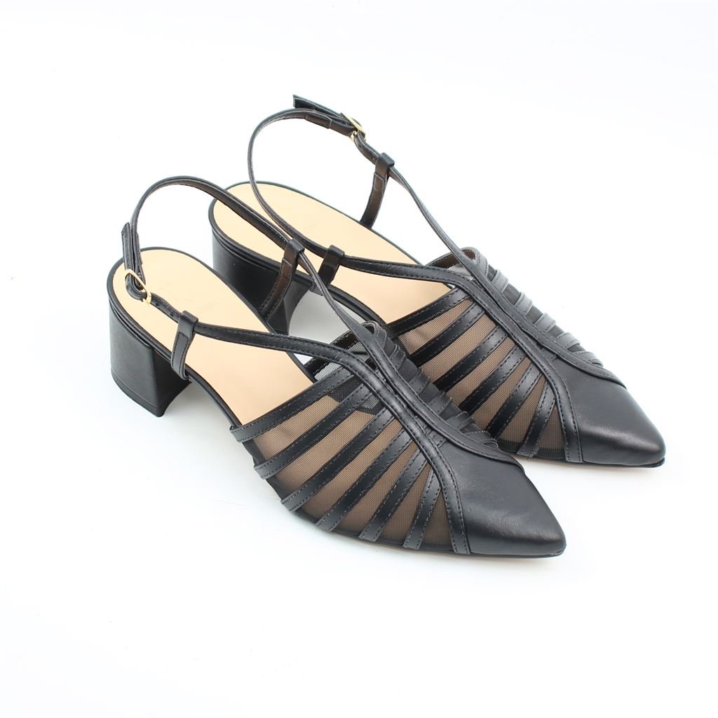Scarpin Salto Bloco Slingback Tela Preto 2
