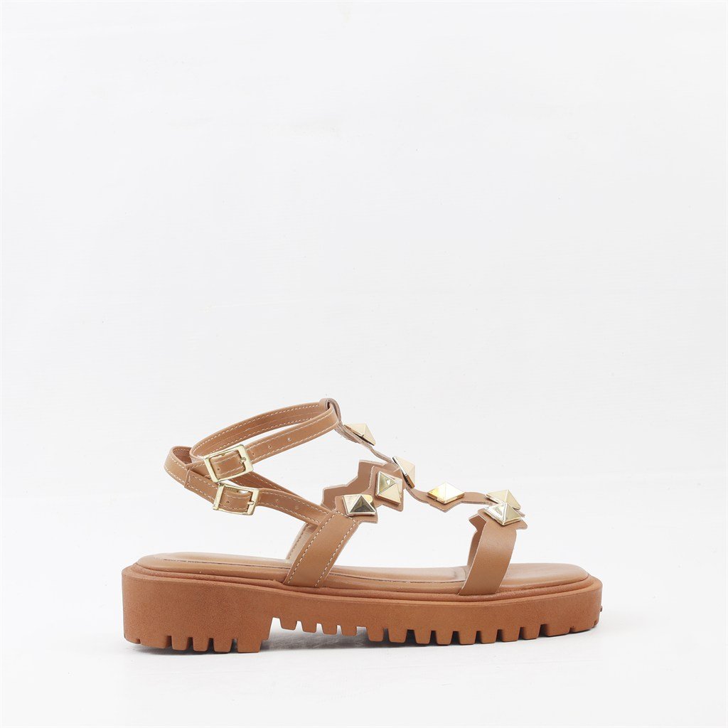 Sandália Salto Bloco Detalhe Metais Caramelo 5