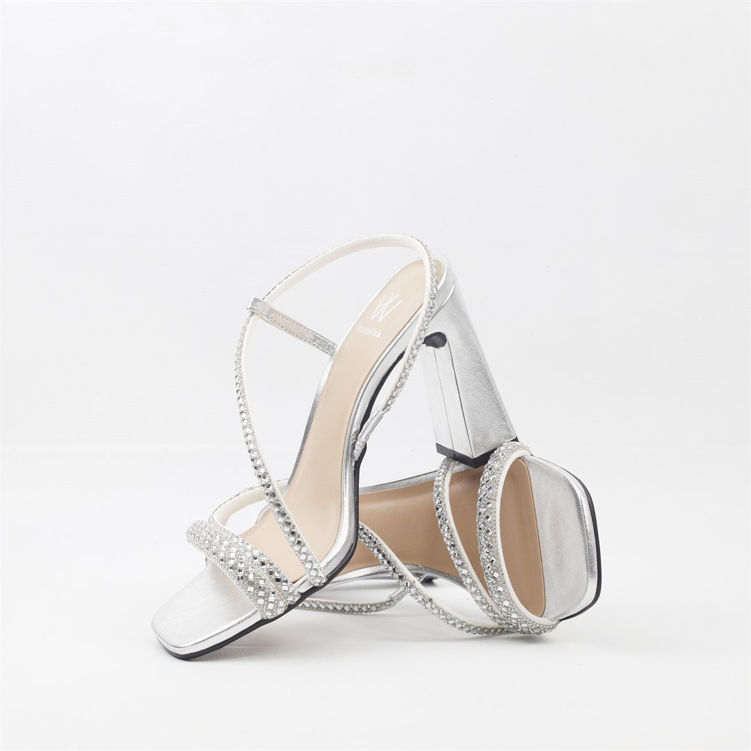 Sandália Salto Bloco Strass Prata 4