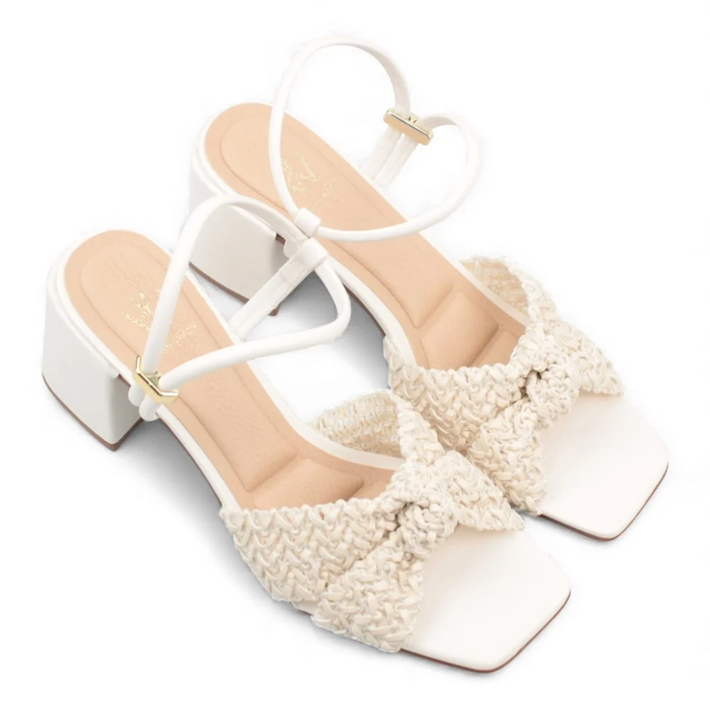 Sandália Salto Bloco Trançada Off White 5