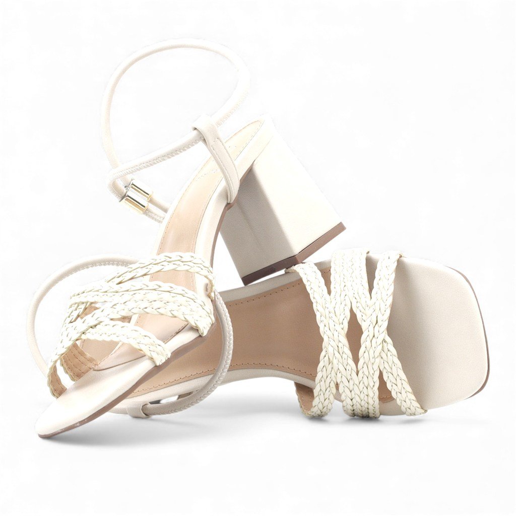 Sandália Salto Bloco Trança Off White 2