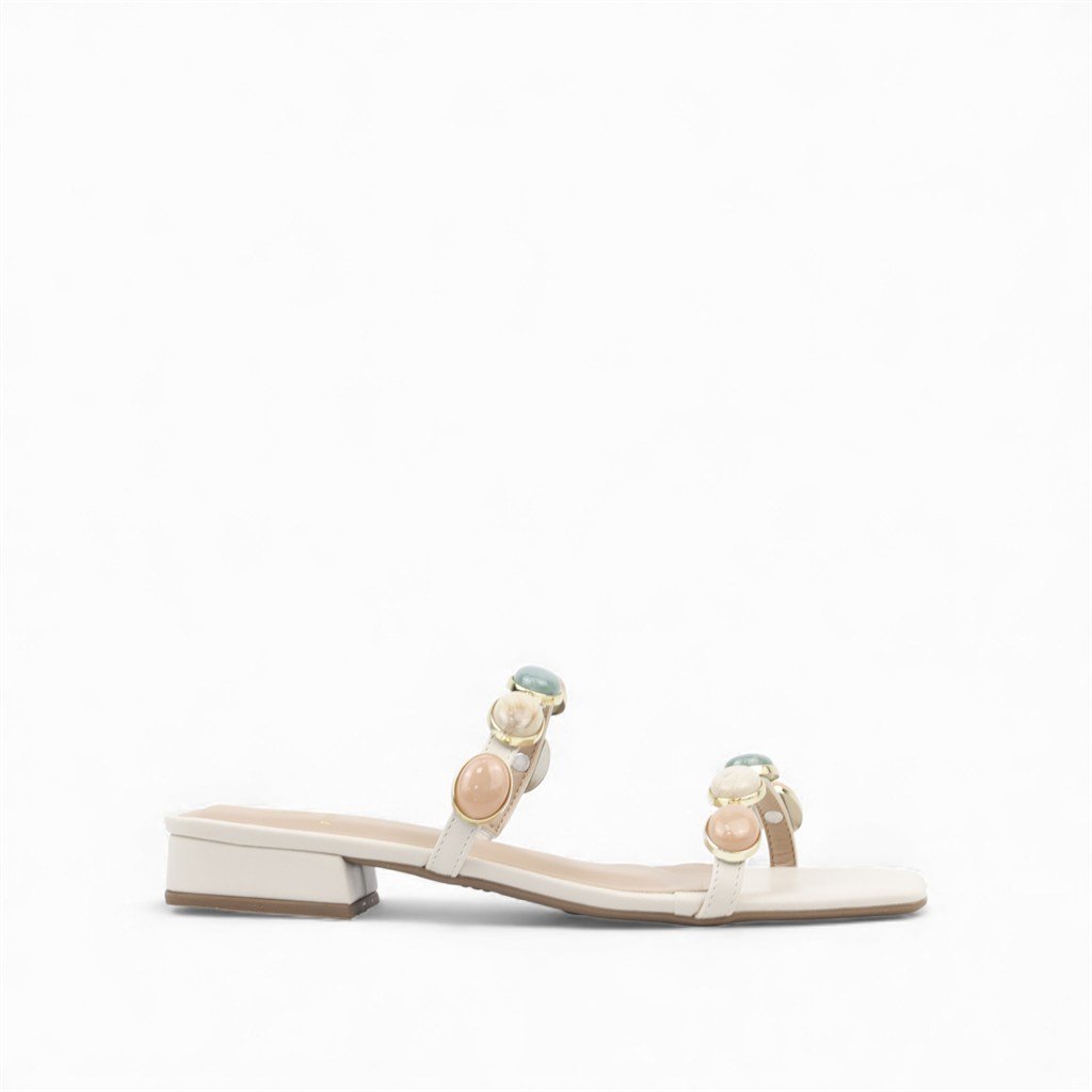 Tamanco Salto Bloco Baixo Pedraria Off White 4