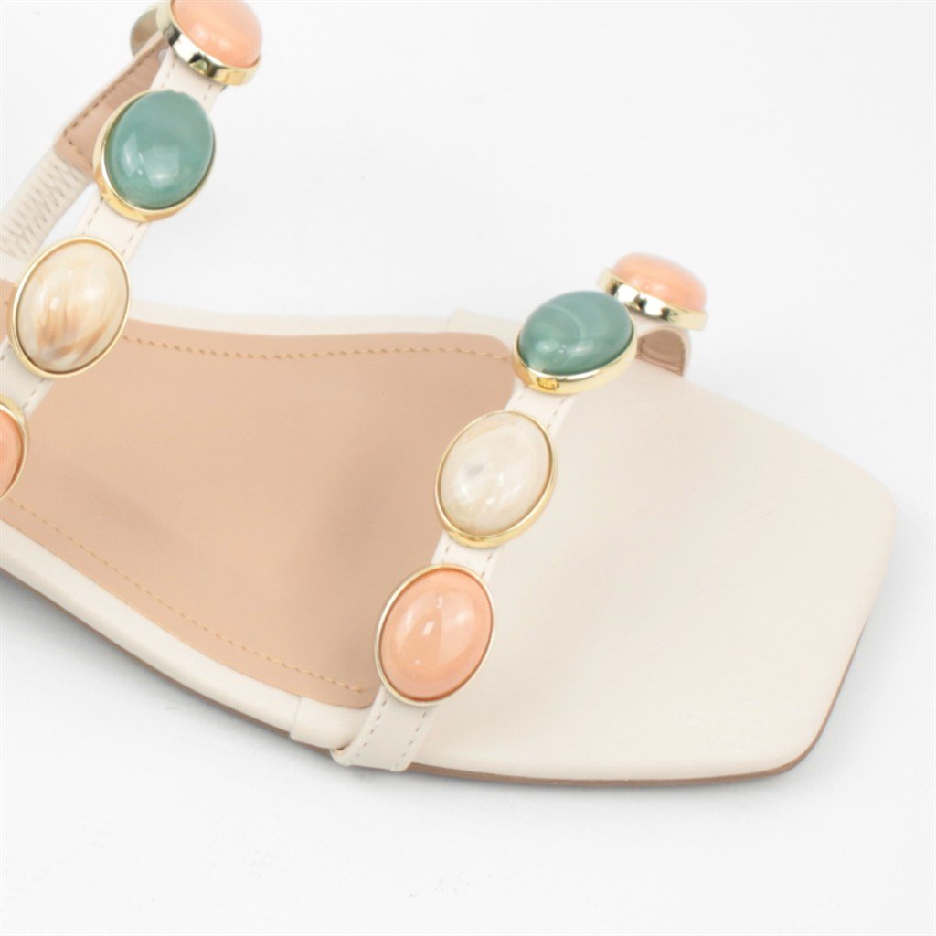 Tamanco Salto Bloco Baixo Pedraria Off White 5