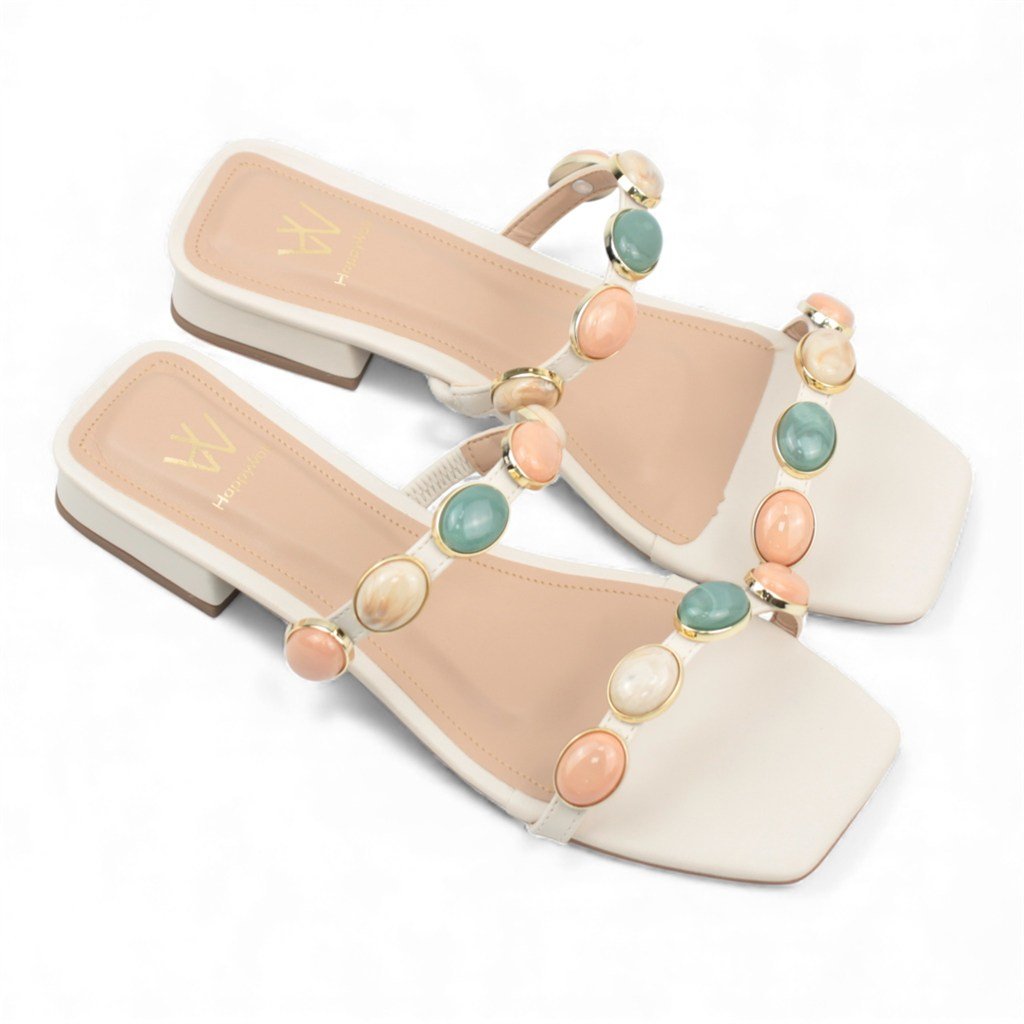 Tamanco Salto Bloco Baixo Pedraria Off White 2