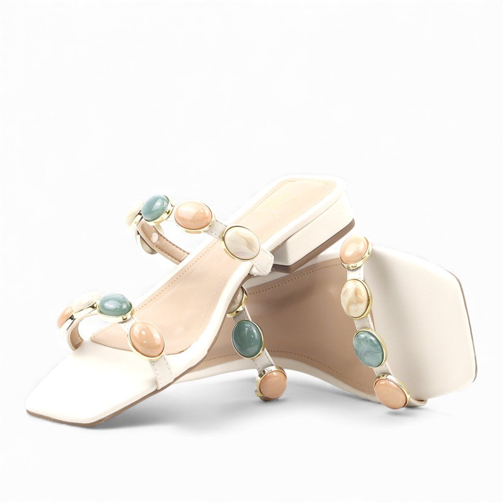 Tamanco Salto Bloco Baixo Pedraria Off White 3