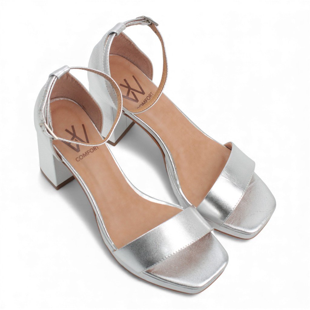 Sandália Salto Bloco Metalizada Prata 5